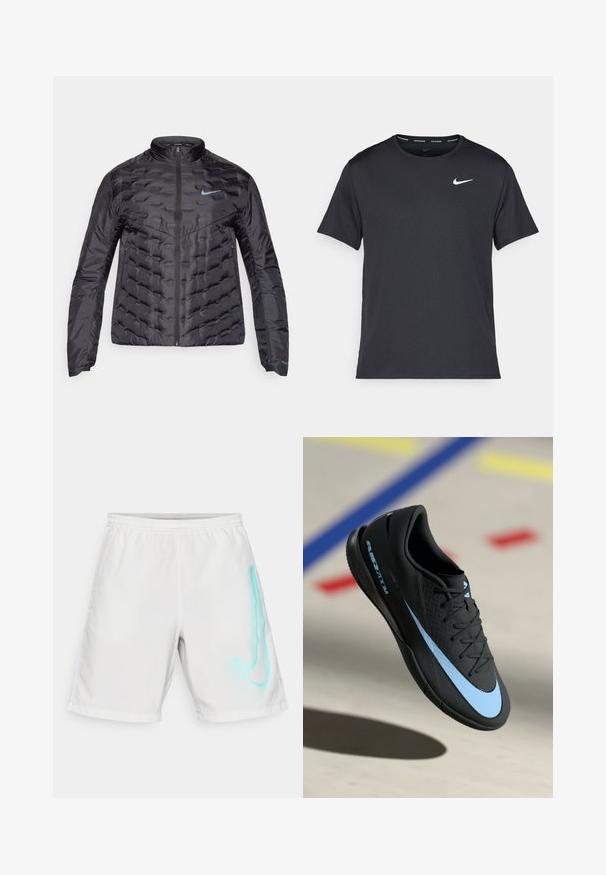 Flauschige schwarze Jacke mit durchgehendem Reißverschluss, Stehkragen und blauem Logo auf der Brust. Glattes, glänzendes Material mit gesteppter Textur und seitlichen Taschen.; Schwarzes Nike Lauft-Shirt aus leichtem, atmungsaktivem Material, mit kurzen Ärmeln und einem kleinen weißen Logo auf der Brust.; Weiße Badeshorts aus glattem Material, versehen mit einem blauen Verlauf-Logo-Design auf der rechten Seite und einem elastischen Bund.; Schwarzer Sportschuh mit blauen Akzenten, strukturierter Oberfläche, Schnürdesign und markantem Nike-Logo. Gummisohle mit Grip-Mustern.