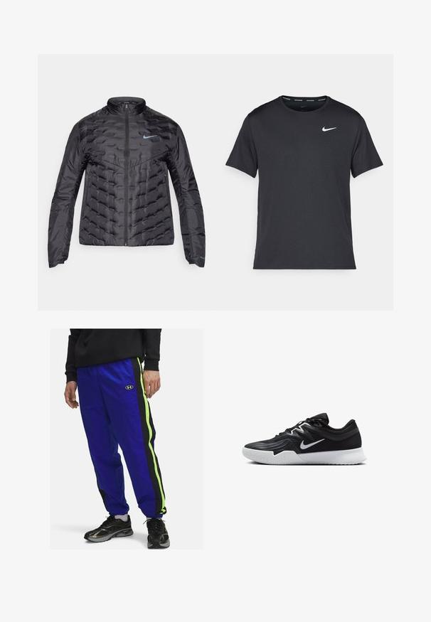 Dikke zwarte jas met een rits aan de voorkant, staande kraag en blauw logo op de borst. Glad, glanzend materiaal met een gequiltte structuur en zijzakken.; Zwarte Nike hardloop T-shirt gemaakt van lichtgewicht, ademend materiaal, met korte mouwen en een klein wit logo op de borst.; Blauwe nylon trainingsbroek met zwarte en neon groene zijstrepen; voorzien van een geborduurd logo nabij de taille; elastische tailleband en boorden.; Zwarte sportieve schoen met een gestructureerde bovenkant, witte Nike swoosh en een witte rubberen zool. Beschikt over een veterontwerp en een dynamische vorm.