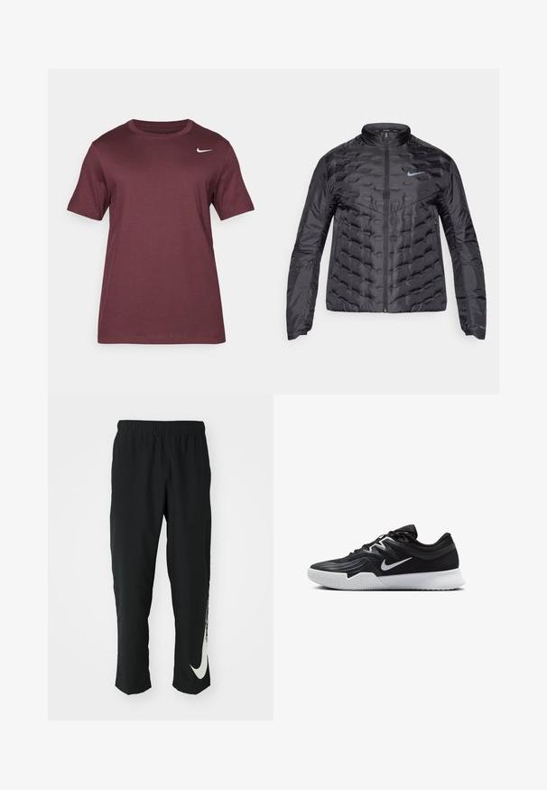 Puffer svart jakke med glidelås foran, stående krage, og blå logo på brystet. Glatt, glatt stoff med kviltet tekstur og sidelommer.; Nike Performance TEE CREW SOLID - T-skjorte til trening - burgundy crush; Svarte treningbukser med elastisk midje, smalere design, med en stor hvit Nike-logo på venstre bein. Myk, lett stoff.; Svart treningssko med teksturert overdel, hvit Nike-swoosh og hvit gummisåle. Har snøring og en dynamisk form.