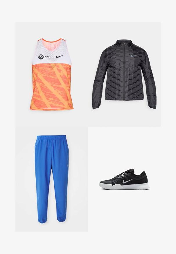 Nafouknutá černá bunda se zipem vpředu, stojáčkem a modrým logem na hrudi. Hladký, lesklý materiál s prošívanou texturou a bočními kapsami.; Sportovní tílko Nike s bílou síťovinou v horní části a zářivě oranžovou dolní částí s texturovaným, abstraktním vzorem.; Modré sportovní kalhoty s elastickým páskem, rovně střiženými nohavicemi a zúženými manžetami. Na levé straně se nachází zlaté logo Nike.; Černá atletická bota s texturovaným svrškem, bílým logem Nike a bílou gumovou podrážkou. Disponuje šněrovacím designem a dynamickým tvarem.