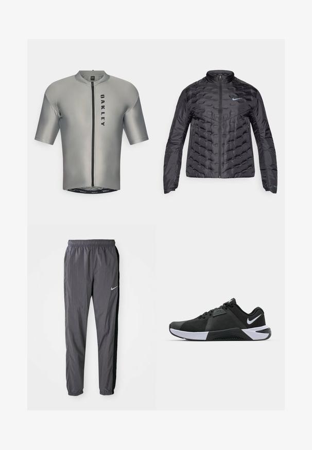 Fyllig svart jacka med dragkedja framtill, ståkrage och blå logotyp på bröstet. Slät, glänsande tyg med kviltad textur och sidofickor.; Kortärmad cykeltröja i mjukt grått tyg med dragkedja fram, med en svart "OAKLEY"-logotyp och en figurnära design.; Nike träningsbyxor, tillverkade av lättviktigt tyg, i mörkgrått med svarta sidopaneler. Har ett elastiskt midjeband och en reflexlogotyp.; Nike Performance METCON 10 - Träningsskor - black/white/anthracite