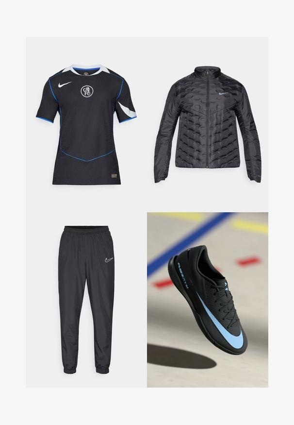 Puffat musta takki, jossa on vetoketju edessä, pystykaulus ja sininen logo rinnassa. Sileä, kiiltävä kangas, jossa on tikattu rakenne ja sivutaskut.; Musta lyhythihainen t-paita sinisillä yksityiskohdilla, tekstuuripinta ja pyöreä kaula-aukko. Keskellä on logo ja valkoiset sivupaneelit.; Mustat Nike-urheiluhousut, joissa on joustava vyötärö, kapenevat lahkeet ja valkoinen logo vasemmalla lantiolla. Valmistettu kevyestä, sileästä materiaalista.; Mustat urheilukengät sinisillä yksityiskohdilla, teksturoitu pinta, nauhallinen muotoilu ja erottuva Nike-logo. Kumipohja, jossa on pitoprofiilit.