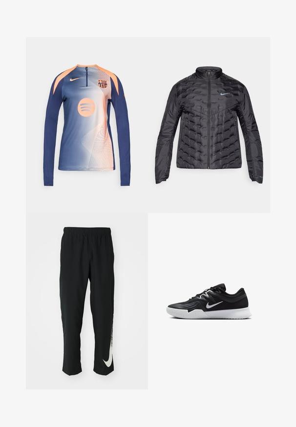 Nabijena crna jakna s patentnim zatvaračem sprijeda, stajaćim ovratnikom i plavim logotipom na prsima. Glatka, sjajna tkanina s kvadratnim uzorkom i bočnim džepovima.; Dugi rukav plava i breskva Nike majica za nogometni trening s grbom FC Barcelone i Spotify logotipom, zip ovratnikom i apstraktnim uzorkom linija.; Crne sportske hlače s elastičnim pojasom, suženi dizajn, sa velikim bijelim Nike logotipom na lijevoj nozi. Mekana, lagana tkanina.; Crna sportska cipela s teksturiranim gornjim dijelom, bijelim Nike swooshom i bijelim gumennim potplatom. Ima dizajn s vezanjem i dinamičan oblik.