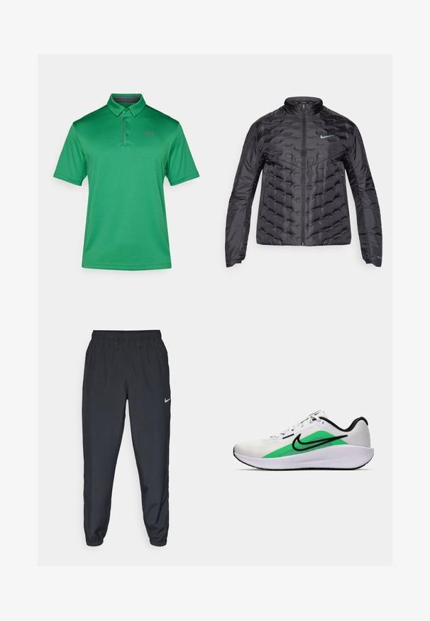 Dikke zwarte jas met een rits aan de voorkant, staande kraag en blauw logo op de borst. Glad, glanzend materiaal met een gequiltte structuur en zijzakken.; Groene polo shirt gemaakt van textuurstof, met een klassieke kraag, drie knopen en een klein paars logo op de linkerkant van de borst.; Zwarte trainingsbroek van lichtgewicht materiaal met een elastische tailleband, enkelmanchetten en een discreet Nike-logo aan de linkerkant.; Witte sportieve schoen met een groene accenta, zwart logo, bovenwerk van mesh, gevoerde zool en een afgeronde hak. Voorzien van veters en contrasterende details.