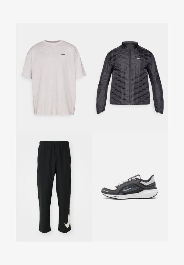 Puffet sort jakke med zip-forside, stående krave og blåt logo på brystet. Glat, skinnende stof med quiltet tekstur og sidelommer.; Lys grå, oversized crew-neck t-shirt lavet af blødt stof, med subtil tekstur og en lille sort etiket på venstre bryst.; Sorte træningsbukser med elastisk talje, der taper ind, og har et stort hvidt Nike-logo på venstre ben. Blødt, letvægtsstof.; Sort og grå atletisk sko med en mesh-overdel, reflekterende detaljer og en hvid mellemsål. Har en tekstureret gummisål og snørebånd.