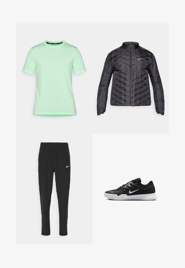Chaqueta negra acolchada con cremallera frontal, cuello alzado y un logo azul en el pecho. Tela suave y brillante con textura acolchada y bolsillos laterales.; Camiseta de manga corta verde menta hecha de material suave. Presenta un cuello redondo y un sutil detalle de logo en el frente. Textura lisa, corte regular.; Pantalones deportivos negros hechos de una tela liviana, con una cintura elástica y un logo de Nike en blanco en el muslo izquierdo.; Zapatilla deportiva negra con parte superior texturizada, logo de Nike en blanco y suela de goma blanca. Tiene un diseño con cordones y una forma dinámica.