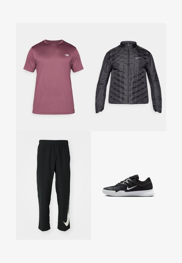 Puffer svart jakke med glidelås foran, stående krage, og blå logo på brystet. Glatt, glatt stoff med kviltet tekstur og sidelommer.; New Balance T-skjorte til trening - faded plum; Svarte treningbukser med elastisk midje, smalere design, med en stor hvit Nike-logo på venstre bein. Myk, lett stoff.; Svart treningssko med teksturert overdel, hvit Nike-swoosh og hvit gummisåle. Har snøring og en dynamisk form.