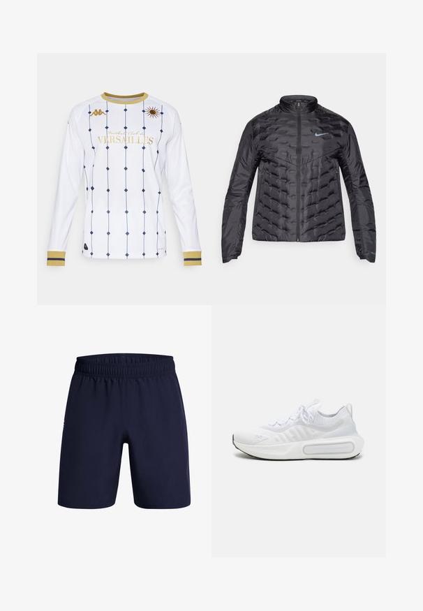Puffer svart jakke med glidelås foran, stående krage, og blå logo på brystet. Glatt, glatt stoff med kviltet tekstur og sidelommer.; Langermet hvit skjorte med marineblå diamantmønster og gullakenter. Har rund krage og teksten "Football Club de Versailles".; Marineblå shorts laget av lett stoff, med elastisk midje og uten synlige lommer eller mønstre. Enkelt og rett snitt.; Hvit atletisk sko med et teksturert strikket overdel, snøring, polstret såle og et distinkt merkeelement på siden.