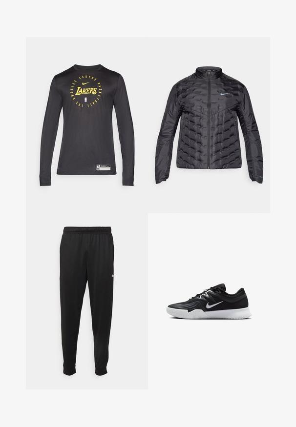 Puffy čierna bunda so zipsom vpredu, stojatým golierom a modrým logom na hrudi. Hladká, lesklá tkanina s prešívanou textúrou a bočnými vreckami.; Nike Performance NBA LOS ANGELES LAKERS PRACTICE LONG SLEEVE - Klubové oblečenie - black; Čierne športové nohavice z hladkej tkaniny, s elastickým pásom, zužujúcimi sa nohavicami a malým bielym logom na ľavej strane.; Čierna športová topánka s textúrovaným zvrškom, bielym logom Nike a bielou gumovou podrážkou. Má šnurovací dizajn a dynamický tvar.