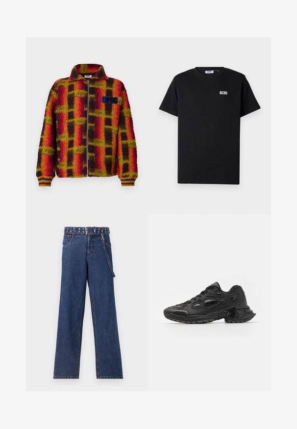 Fleece jacket in red, yellow, and black checkered pattern with a zip front, collar, and ribbed cuffs featuring blue and yellow stripes. GGDS logo on chest.; Black cotton t-shirt featuring a round neckline and short sleeves. A white "GCDS" logo is positioned on the left chest area.; Dark blue denim jeans with a straight-leg design, featuring a patterned belt with metal eyelets and a matching belt loop.; Black athletic shoes with textured synthetic upper, rounded toe, and distinctive oval cutouts. Features a rugged rubber sole for traction.