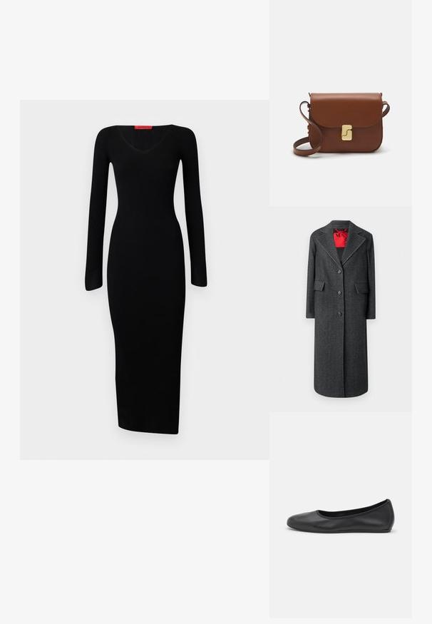 Harmaa villakangastakki, jossa on karvareunus, yksirivinen malli ja tupla etutaskut. Kontrastivärinen punainen sisävuori, näkyvät ompeluyksityiskohdat.; Musta, ribatumpu pitkähihaine mekko V-pääntiellä, tiukasti istuva yläosa ja suora helma, valmistettu joustavasta kankaasta muotoilevan siluetin saavuttamiseksi.; Musta nahkainen ballerina, jossa on pyöristetty kärki, sileä pinta, minimaalinen ommelkoristelu ja joustava pohjamuotoilu.; Ruskea nahkainen käsilaukku, jossa on läppäkiinnitys, kultasävyiset yksityiskohdat, olkahihna ja sileä pinta. Kompaktin suorakaiteen muotoinen.