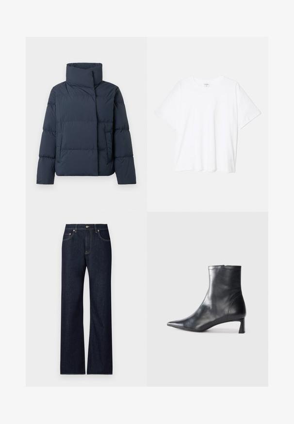 Navy puffer jacket with a high collar and asymmetrical zip, featuring a boxy shape and stitched sections for insulation.; White cotton t-shirt with short sleeves, round neckline, relaxed fit, and stitched hem. Label visible on the inside neck.; Dark blue denim jeans with a straight-leg design, featuring five pockets, contrasting yellow stitching, and a metal button closure.; Black leather ankle boot with a pointed toe and a sleek design. Features a low heel and a zipper closure at the back. Smooth texture.