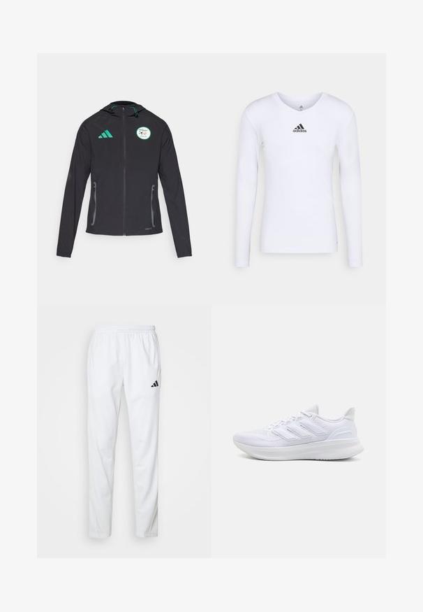 Sort atletisk jakke med hætte, med grønne detaljer, lynlåslommer og Algeriets nationale holds logo på brystet.; Langærmet hvid sports T-shirt lavet af glat materiale med et sort Adidas-logo på brystet; V-hals design og tætsiddende pasform.; Hvide atletiske bukser med elastisk talje, tætsiddende ben og et sort Adidas-logo på venstre lår. Glat, letvægtsstof.; Hvide sportssko med en tekstureret mesh-overdel, en støttende polstret sål og et tre-stripes design på siden.