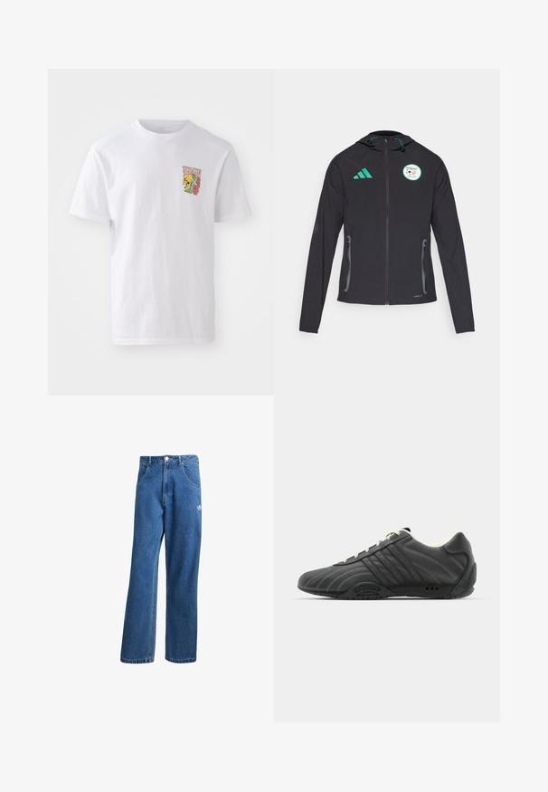 Fekete sportos dzseki kapucnival, zöld kiegészítőkkel, cipzáras zsebekkel és az algériai válogatott logójával a mellkason.; Fehér pamut póló kerek nyakkal, rövid ujjú, és egy színes grafikával, amelyen koponya és virágok láthatók a mellkason.; Kék, magas derekú, bő szárú farmernadrág elülső zsebekkel, övhurkokkal, gombos záródással és kicsi Adidas logóval a jobb combon.; adidas Originals ADIRACER UNISEX - Sportcipő - core black/cream white
