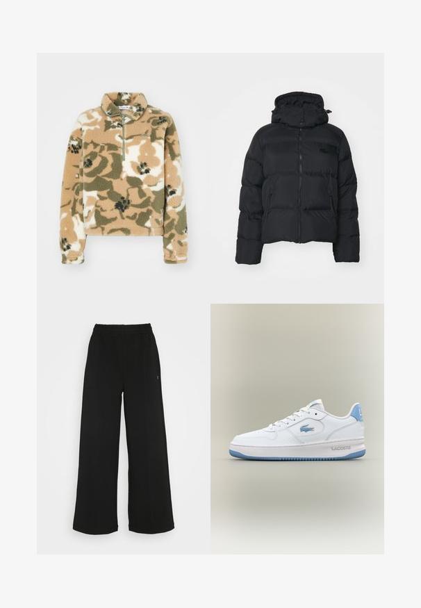 Schwarze Pufferjacke mit abnehmbarer Kapuze, Reißverschluss vorne und zwei Seitentaschen. Verfügt über gesteppte Abschnitte und ein kleines Logo auf der Brust.; Fleece-Pullover mit halbseitigem Reißverschlusskragen, ausgestattet mit einem blumigen Camouflage-Muster in Beige, Olivgrün und Creme. Weicher Stoff und lange Ärmel.; Hellbeige, geripptes Langarm-Turtleneck-Top mit figurnaher Passform und hohem Kragen. Hat ein dezentes Logo-Tag am Saum. Glatte Textur.; Schwarze weit geschnittene Hose mit einem elastischen Bund. Hergestellt aus einem weichen, leichten Material. Mit vertikalen Nähten an der Vorderseite.; Weiße Lacoste-Sneaker mit hellblauen Akzenten, Schnürung vorne und aufgedrucktem Krokodil-Logo an der Seite und Ferse, isoliert auf neutralem Hintergrund.