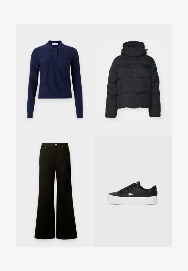 Casaco puffer preto com capuz destacável, fecho de correr à frente e dois bolsos laterais. Apresenta secções acolchoadas e um pequeno logótipo no peito.; Polo de manga longa com riscas azul marinho, com colarinho, paleta de quatro botões e detalhe do logótipo subtil bordado no peito.; Calças de ganga pretas de cintura alta e perna larga, com botão e fecho éclair frontal, passadores para cinto e cinco bolsos, incluindo um pequeno bolso para moedas.; Sapatilha preta de cano baixo feita de material sintético, com sola de borracha branca, atacadores pretos e um pequeno logótipo branco na lateral.