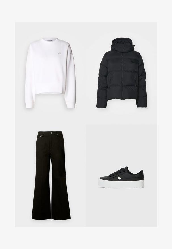 Mustat toppatakit irrotettavalla hupulla, vetoketjukiinnitys edessä ja kaksi sivutaskua. Sisältää tikattuja alueita ja pienen logon rinnassa.; Valkoinen lyhyt hihainen collegepaita, puuvillasekoite, miehustan kaula-aukko, pitkät hihat, ribatut hihansuut, jossa on pieni Lacosten logo rinnassa.; Musta korkeavyötäröiset leveälahkeiset farkut, joissa on edessä nappi ja vetoketju, solkilenkit ja viisi taskua, mukaan lukien pieni kolikkotasku.; Musta matalavartinen lenkkari, joka on valmistettu synteettisestä materiaalista ja jossa on valkoinen kumipohja, mustat nauhat ja pieni valkoinen logo sivussa.