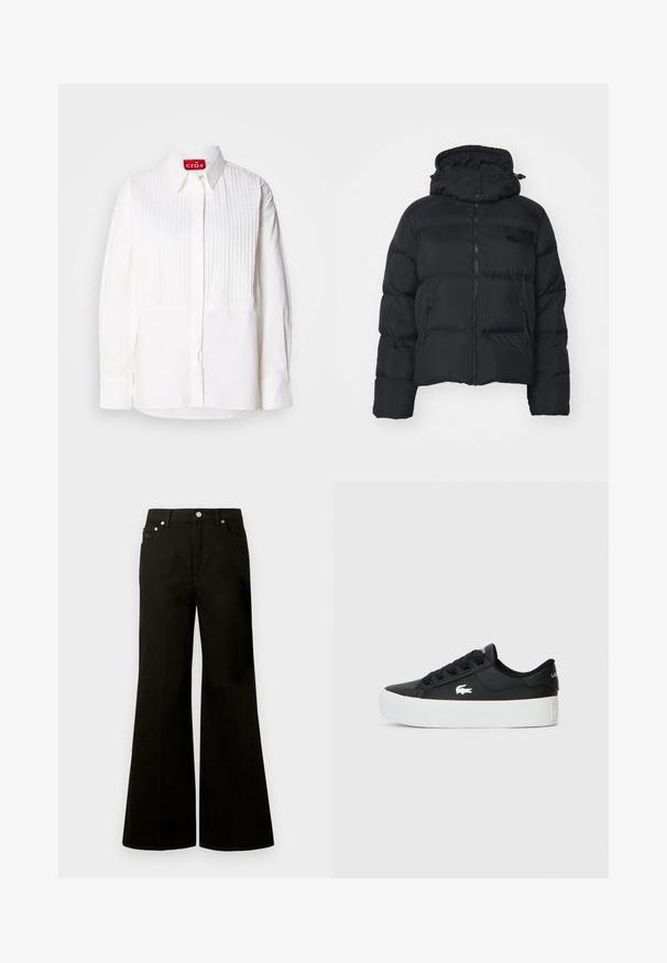 Černá péřová bunda s odnímatelnou kapucí, zipovým uzávěrem vpředu a dvěma bočními kapsami. Obsahuje prošívané části a malé logo na hrudi.; Bílá košile s předním létem, které má vertikální skladby, dlouhými rukávy a špičatým límcem. Vnitřní štítek s nápisem "cras." Hladká textura tkaniny.; Černé džínové kalhoty s vysokým pasem a širokými nohavicemi, vpředu s knoflíkem a zipem, poutky na pásek a pěti kapsami včetně malé mincovní kapsičky.; Černé nízké tenisky vyrobené ze syntetického materiálu, s bílou gumovou podrážkou, černými tkaničkami a malým bílým logem na straně.