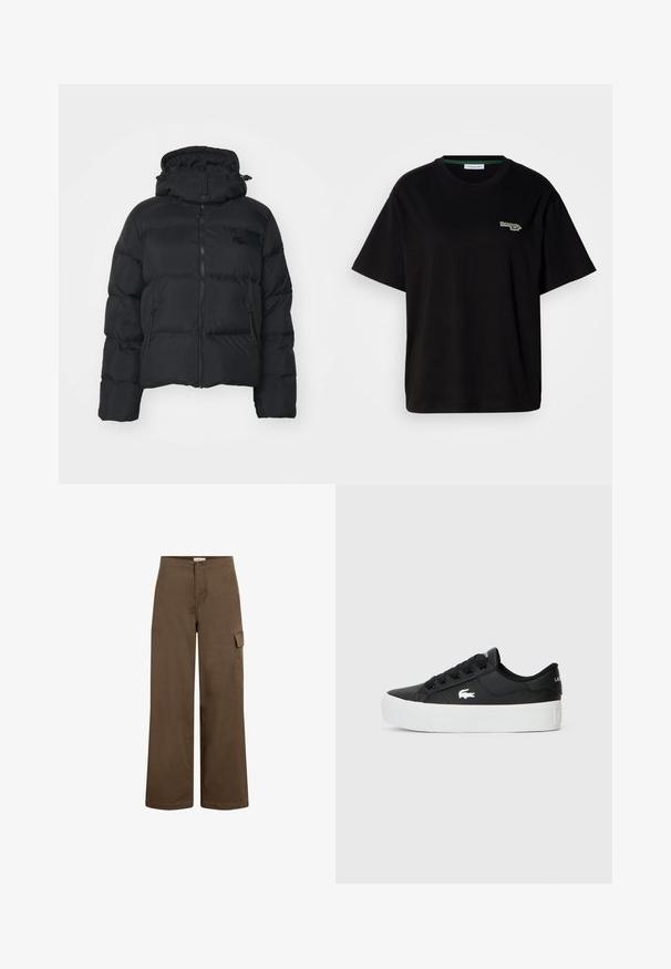Črna puhovka s snemljivo kapuco, zadrgo spredaj in dvema stranskima žepoma. Ima šivane dele in majhen logotip na prsih.; Črna bombažna majica s kratkimi rokavi, ki ima majhen zeleni logotip na levem prsnem delu. Klasičen kroj okrogle vratu, sproščen fit.; Rjave široke cargo hlače iz bombaža z gumbom, ki imajo stranske žepke in gladko, mehko teksturo.; Črne nizke superge iz sintetičnega materiala, z belo gumijasto podplato, črnimi vezalkami in majhnim belim logotipom na strani.