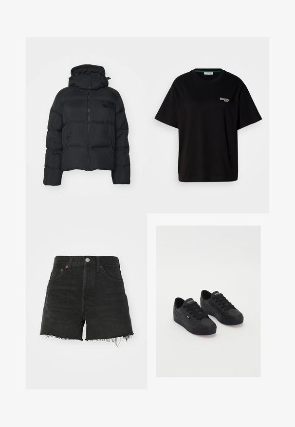 Črna puhovka s snemljivo kapuco, zadrgo spredaj in dvema stranskima žepoma. Ima šivane dele in majhen logotip na prsih.; Črna bombažna majica s kratkimi rokavi, ki ima majhen zeleni logotip na levem prsnem delu. Klasičen kroj okrogle vratu, sproščen fit.; Črne jeans kratke hlače z visokim pasom, raztrgano robom in bronastimi nitnimi zakovicami. Imajo klasično zasnovo s petimi žepki in gumbnim zapiranjem.; Črne nizke superge iz gladkega materiala, ki imajo debele vezalke, teksturiran podplat ter majhno logo na strani in jezičku.