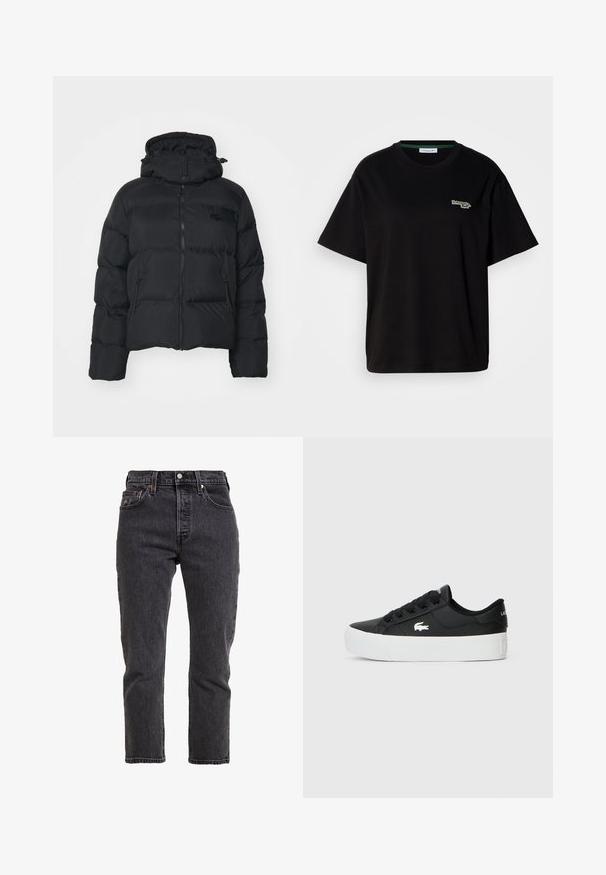 Sort pufferjakke med aftagelig hætte, lynlåslukning foran og to sidelommer. Har quiltede sektioner og et lille logo på brystet.; Sort bomulds t-shirt med korte ærmer, prydet med et lille grønt logo på venstre bryst. Klassisk rund halsudskæring, afslappet pasform.; Sorte denimjeans med lige ben, høj talje, fem lommer og metalknaplukning. Subtile teksturer og syninger.; Sort lavtop sneaker lavet af syntetisk materiale, med en hvid gummisål, sorte snørebånd og et lille hvidt logo på siden.
