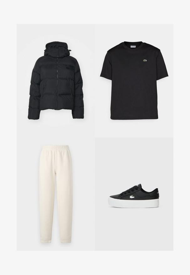 Schwarze Pufferjacke mit abnehmbarer Kapuze, Reißverschluss vorne und zwei Seitentaschen. Verfügt über gesteppte Abschnitte und ein kleines Logo auf der Brust.; Schwarzes Baumwoll-T-Shirt mit rundem Ausschnitt, kurzen Ärmeln und einem kleinen grünen gestickten Logo auf der linken Brust. Einfaches Design.; Cremfarbene Jogginghose aus weichem Stoff. Sie verfügt über einen elastischen Bund und ein tailliertes Bein-Design mit dezenten Steppnähten.; Schwarzer Low-Top-Sneaker aus synthetischem Material mit einer weißen Gummisohle, schwarzen Schnürsenkeln und einem kleinen weißen Logo an der Seite.