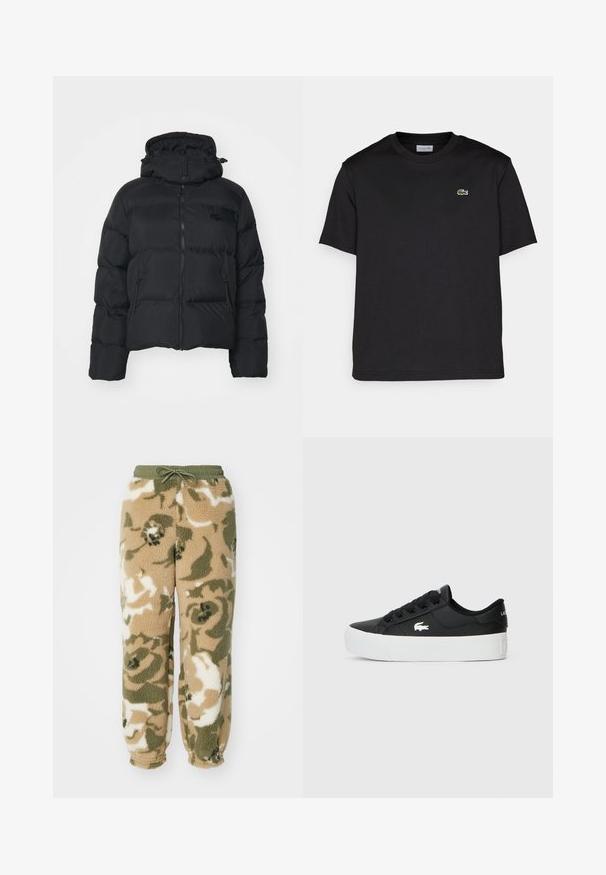 Zwarte pufferjack met een afneembare capuchon, rits aan de voorkant en twee zijzakken. Bevat doorgestikte secties en een klein logo op de borst.; Zwart katoenen t-shirt met een ronde halslijn, korte mouwen en een klein groen geborduurd logo op de linkerborst. Eenvoudig ontwerp.; Fleece joggingbroeken met een koord in de taille. Heeft een camouflagemotief in beige, groen en wit. Zacht, getextureerd materiaal.; Zwarte lage sneaker gemaakt van synthetisch materiaal, met een witte rubberen zool, zwarte veters en een klein wit logo aan de zijkant.