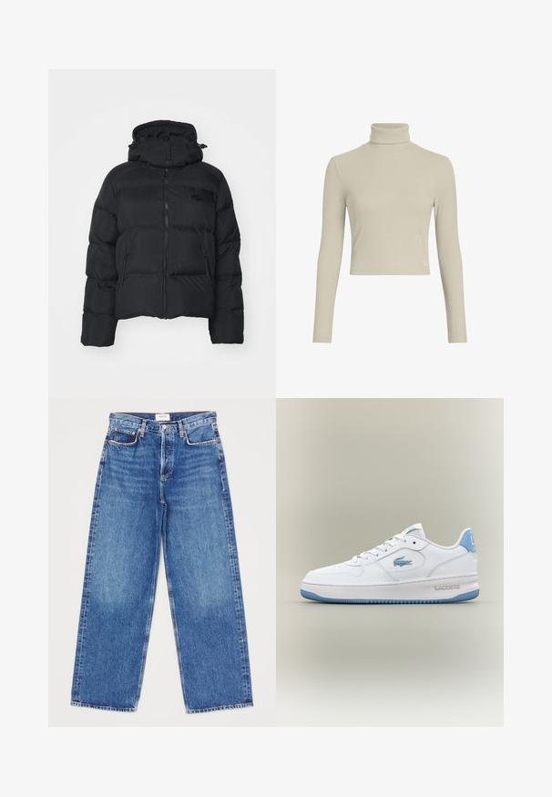 Giubbotto imbottito nero con cappuccio staccabile, chiusura con zip frontale e due tasche laterali. Presenta sezioni trapuntate e un piccolo logo sul petto.; Maglione a collo alto lungo a maniche lunghe di un beige chiaro a costine con un design aderente e un collo alto. Presenta un discreto etichetta con logo sull'orlo. Texture liscia.; Jeans a gamba larga in denim blu medio con cinque tasche, gambe dritte e dettagli di cucitura decorativa. Etichetta del marchio visibile in vita.; Sneaker bianca Lacoste con accenti azzurri chiari, chiusura con lacci, e logo del coccodrillo sul lato e sul tallone, isolata su sfondo neutro.