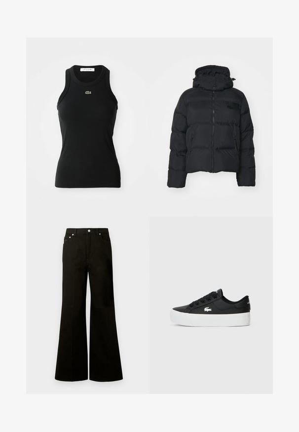 Jachetă puf neagră cu glugă detașabilă, fermoar frontal și două buzunare laterale. Prezintă secțiuni matlasate și un mic logo pe piept.; Top fără mâneci, de culoare neagră, cu model ondulat, cu decolteu rotund și un mic logo verde cu crocodil Lacoste centrat sub decolteu.; Jeans negri cu talie înaltă și picioare largi, cu nasture și fermoar frontal, bucle pentru curea și cinci buzunare, inclusiv un buzunar mic pentru monede.; Sneakeruri negre cu talpă joasă, fabricate din material sintetic, având o talpă din cauciuc alb, șireturi negre și un mic logo alb pe lateral.
