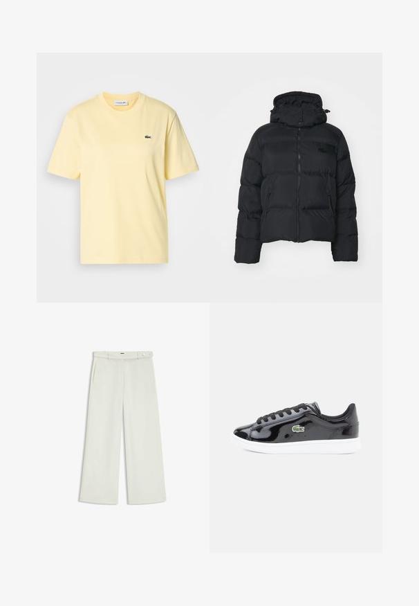 Sort pufferjakke med aftagelig hætte, lynlåslukning foran og to sidelommer. Har quiltede sektioner og et lille logo på brystet.; Gul bomulds T-shirt med korte ærmer og rund halsudskæring. Har et lille grønt broderet krokodillelogo på brystet.; Bredde bukser i lys cremefarvet stof, med sidelommer, flad front og en enkelt knaplukning i taljen. Glat tekstur.; Sort laker med blank læderoverflade og hvid sål, udstyret med sorte snørebånd og et grønt broderet krokodillelogo på siden.