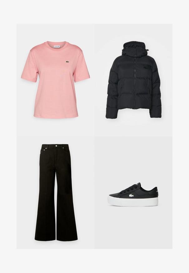 Chaqueta de plumas negra con capucha desmontable, cierre delantero de cremallera y dos bolsillos laterales. Presenta secciones acolchadas y un pequeño logo en el pecho.; Lacoste Camiseta básica - tourmaline; Vaqueros negros de tiro alto y pernera ancha con botón y cremallera frontales, trabillas para cinturón y cinco bolsillos, incluyendo un pequeño bolsillo para monedas.; Zapatilla baja negra hecha de material sintético, con una suela de goma blanca, cordones negros y un pequeño logo blanco en el costado.
