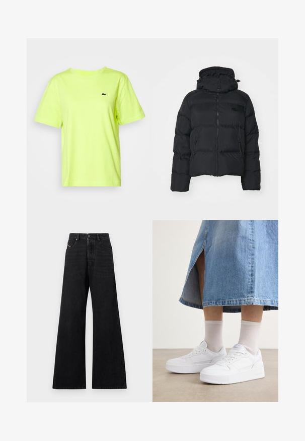 Sort pufferjakke med aftagelig hætte, lynlåslukning foran og to sidelommer. Har quiltede sektioner og et lille logo på brystet.; Lacoste T-shirts basic - firefly; Sorte jeans med vide ben, lavet af denim, med høj talje, fem-lommer design og subtile syninger på forsiden.; Hvide sneakers i struktureret læder med en platformssål, rund tå og snøresystem; parret med lys grå ankelsokker og en denim-nederdel.