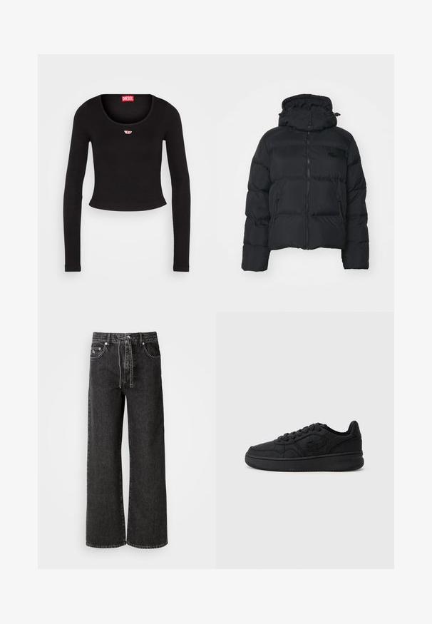 Black puffer jacket with a detachable hood, zip front, and two side pockets. Features quilted sections and a small logo on the chest.; Black long-sleeve crop top made from ribbed fabric. Features a scoop neckline and a small red and white logo patch on the chest.; Black wide-leg jeans made from denim. Features a high waist, belt loops, front pockets, and silver hardware detailing.; Black athletic sneaker features a textured surface with geometric patterns, padded collar, and rubber sole, designed for comfort and style.