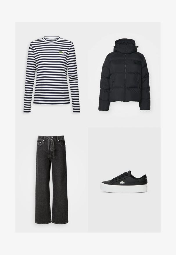 Fekete puffdzseki leválasztható kapucnival, cipzáros elején és két oldalsó zsebbel. Steppelt részekkel és egy kis logóval a mellkason.; Hosszú ujjú póló tengerészkék és fehér vízszintes csíkokkal, kerek nyakkivágással és hímzett zöld krokodil logóval a mell részen.; Fekete, széles lábú farmernadrág. Magas derekú, övhurkokkal, elülső zsebekkel és ezüst színű fém részletekkel rendelkezik.; Fekete alacsony szárú sneaker szintetikus anyagból, fehér gumitalppal, fekete fűzőkkel és egy kis fehér logóval az oldalán.