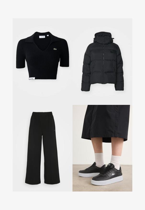 Černá péřová bunda s odnímatelnou kapucí, zipovým uzávěrem vpředu a dvěma bočními kapsami. Obsahuje prošívané části a malé logo na hrudi.; Černé zkrácené polo tričko vyrobené z žebrované tkaniny s výstřihem do V, krátkými rukávy a zeleným vyšitým logem na levé části hrudi. Bílá etiketa na lemu.; Černé široké kalhoty s elastickým pasem. Vyrobené z měkkého, lehkého materiálu. Obsahují vertikální švy na přední straně.; Černé kožené tenisky s bílou gumovou podrážkou, s logem po straně, kulatou špičkou a černými tkaničkami. Nosené s bílými ponožkami.