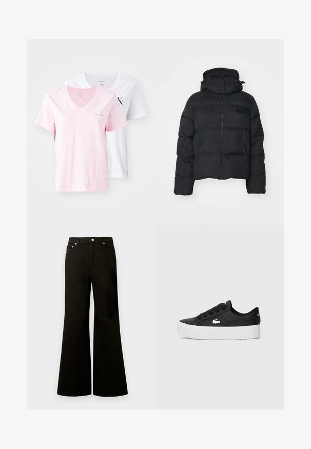 Must mustampüksi jope eemaldatava kapuutsiga, lukk ees ja kaks küljetaskut. Omab tikitud osi ja väikest logo rinnal.; Kaks V-kaelusega T-särki, üks roosa ja teine valge, lühikeste varrukatega ja minimalistliku logoga rinnal kontrastsetes värvides.; Mustad kõrge vöökohaga laiade säärtega teksad eessete nuppude ja tõmblukuga, vööaasad ning viis taskut, sealhulgas väike münditasku.; Mustad musta värvi madal sneaker sünteetilisest materjalist, valge kummist tallaga, mustade paeltega ja külje peal väikese valge logoga.