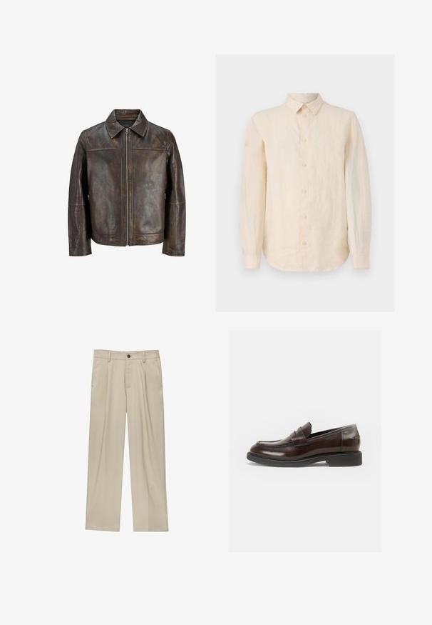 Giacca in pelle marrone con chiusura a zip frontale, colletto a punta e tasche laterali. Presenta una superficie liscia e una finitura leggermente invecchiata.; Camicia a maniche lunghe in lino beige chiaro, con chiusura a bottoni sul davanti, colletto classico e orlo curvo. Tessuto liscio con una finitura netta.; Pantaloni beige a taglio dritto, con un solo bottone nero, passanti per la cintura e tasche laterali. Tessuto dalla texture liscia e design minimale.; Vagabond ALEX - Mocassini eleganti - chestnut