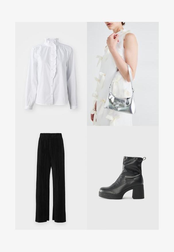 Musta nahka-paita napilla edessä, jossa on frillipaneeli rinnassa. Sujuva pinta, klassinen kaulus ja pitkät hihat.; Valkoinen napillinen paita, jossa on pitkät hihat, röyhelöillä varustettu korkea kaulus ja pystysuora röyhelökoriste etupuolella. Kevyt puuvillakangas.; Mustat pleatatut housut, joissa on joustava vyötärö. Ominaisuuksiin kuuluvat leveät lahkeet ja sileä, teksturoitu kangas, jossa on pystysuoria raitoja.; Mustat nilkkurit, jotka on valmistettu sileästä nahasta. Niissä on sivuvetoketju, paksu teksturoitu korko ja pyöristetty kärki.; Harmaa metallinhohtoinen käsilaukku, jossa on jämäkkä muotoilu. Laukussa on yläkahva ja etuosassa kauniisti koristeena solmukkeen yksityiskohta. Pinnassa on sileä tekstuuri ja heijastava viimeistely.