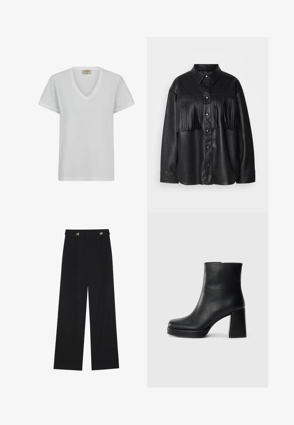 Zwarte leren overhemd met een knoopsluiting aan de voorkant, voorzien van een paneel met franjes over de borst. Soepele textuur, klassieke kraag en lange mouwen.; Witte katoenen T-shirt met een V-hals, korte mouwen en een losse pasvorm. Zachte textuur met subtiele stikseldetails en zonder patronen.; Zwarte wijde broek met hoge taille, knoopdetails op de tailleband en plooien aan de voorkant.; Zwarte leren enkelboot met een blokhak en platformzool, zijaanzicht op een effen witte achtergrond.