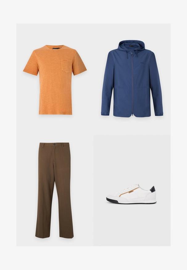 Tenká námořnická modrá bunda s kapucí, plným zipem a elastickými manžetami. Disponuje minimalistickým designem a decentním logem na hrudi.; Krátký rukáv oranžové tričko vyrobené z jemné bavlny. Obsahuje náprsní kapsu se švem. Klasický design s kulatým výstřihem.; Hnědé kalhoty rovného střihu vyrobené z texturované látky, s zapínáním na knoflík a standardním pasem, se bočními kapsami a přizpůsobenými švy.; Bílé sportovní boty s akcenty z meshe a kůže. Mají zlaté logo "BOSS", texturované boční panely a černý podpatek. Gumová podrážka.