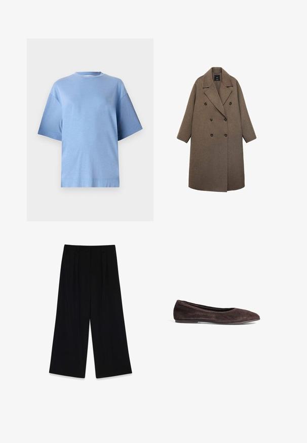 Kaksirivinen takki ruskeasta villasta, jossa on viilto-kaulus, suuret mustat napit ja leveät hihat, jossa on polvipituinen muotoilu.; Oliivivihreä neulecardigan, jossa on pyöreä kaula-aukko, suuret napit edessä ja resorit hihoissa ja helmassa. Pehmeä rakenne, rento malli.; Vaaleansininen puuvillapaita, jossa on pyöreä kaula-aukko, lyhyet hihat ja rento malli. Sydämmeltään sileä pinta ja suora helma.; Mustat leveät housut, jotka on valmistettu sileästä kankaasta. Niissä on laskokset edessä, keskipitkä vyötärö ja ei näkyviä kiinnityksiä tai koristeita.; Ruskeat mokka ballerinat, joissa on terävä kärki ja matala profiili. Ominaisuuksiin kuuluu sileä pintakuvio ja minimalistinen muotoilu. Ei näkyvää metallia tai koristeita.