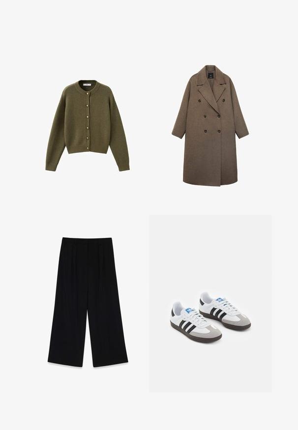 Dubbelzijdige jas van bruine wol met een geknipte kraag, grote zwarte knopen en brede mouwen, met een knielange ontwerp.; Olijfgroen gebreide cardigan met een ronde halslijn, grote knopen aan de voorkant en geribbelde boorden en onderkant. Zachte textuur, relaxte fit.; Effen wit T-shirt met korte mouwen en ronde hals met een zwart etiket bij de kraag, plat gelegd op een witte achtergrond.; Zwarte wijde broek van gladde stof, met plooien aan de voorkant, een middelhoge taille en geen zichtbare sluitingen of versieringen.; Sportschoenen met een witte leren bovenkant, grijze suède neus en drie zwarte strepen. Bevat een blauw logo op de tong en een gestructureerde rubberen zool.
