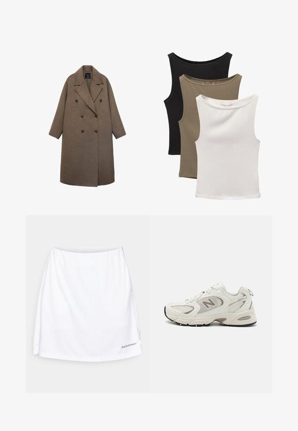 Manteau croisé en laine brun avec un col cranté, de grands boutons noirs et des manches larges, présentant une coupe longueur genoux.; Trois tops sans manches empilés : noir, vert olive et blanc. Le tissu est un matériau lisse et extensible avec des encolures arrondies et sans motifs.; Jupe de sport blanche avec une texture lisse, une taille large et un logo dans le coin inférieur droit. Présente une coupe ample pour un confort optimal.; Baskets de course en mesh blanc avec des accents gris, bout arrondi, design à lacets, semelle rembourrée et un logo "N" bien en vue sur le côté.