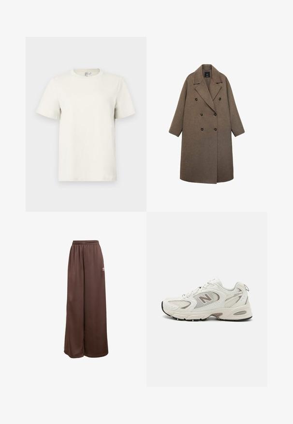 Cappotto doppiopetto in lana marrone con colletto a punte, grandi bottoni neri e maniche larghe, caratterizzato da un design fino al ginocchio.; T-shirt in cotone beige chiaro con colletto tondo, maniche corte e vestibilità regolare. Texture liscia e design minimalista senza fantasie o accenti.; adidas Originals Pantaloni sportivi - auburn cream white; Scarpe da corsa bianche in rete con dettagli grigi, punta arrotondata, design con lacci, suola ammortizzata e un prominente logo "N" sul lato.