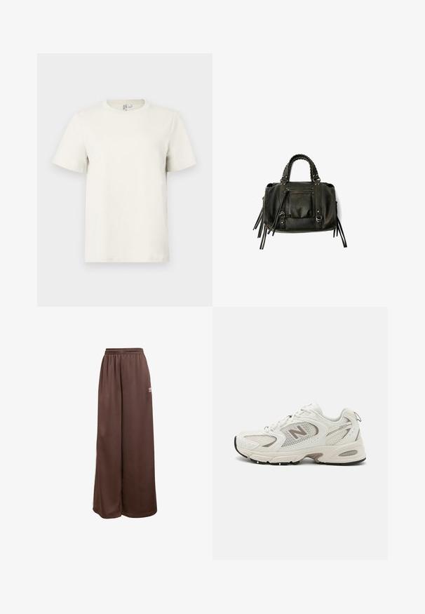 Doppelt knöpfbarer Mantel aus brauner Wolle mit schmalem Kragen, großen schwarzen Knöpfen und weiten Ärmeln, in knielanger Ausführung.; Helle beigefarbene Baumwoll-T-Shirt mit Rundhalsausschnitt, kurzen Ärmeln und regulärer Passform. Glatte Textur und minimalistisches Design ohne Muster oder Akzente.; adidas Originals Jogginghose - auburn cream white; Weißes Mesh-Laufschuh mit grauen Akzenten, runder Spitze, Schnürdesign, gepolsteter Sohle und einem auffälligen "N"-Logo an der Seite.; Schwarze Lederhandtasche mit geflochtenen Griffen, Reißverschlussfach und hängenden Quasten. Strukturiert Oberfläche mit Metallnieten und Hardware-Akzenten.