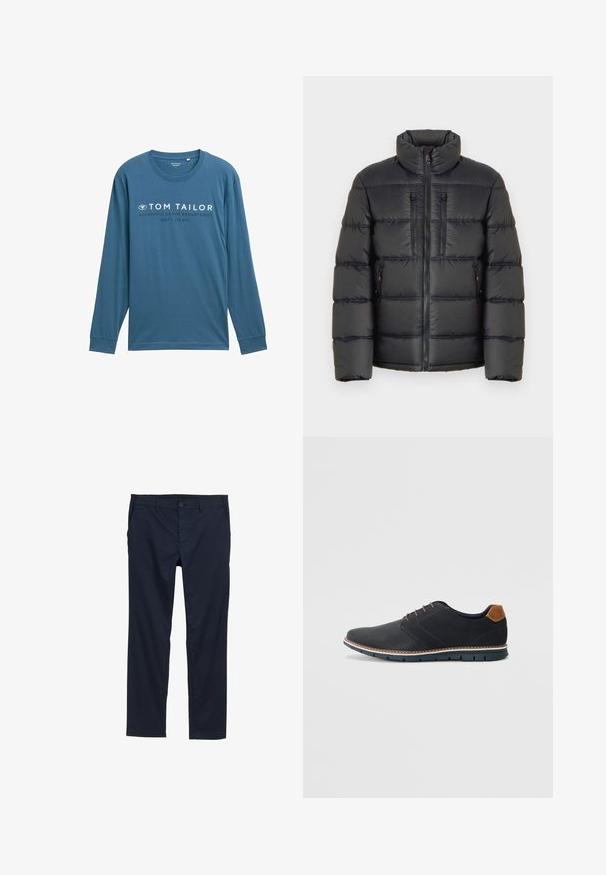 TOM TAILOR SPORTY PUFFER - Zimska jakna - black; T-maica z dolgimi rokavi v teal barvi, izdelana iz mehkega bombaža s krojnim ovratnikom, sredi katere je bel napis "TOM TAILOR AUTHENTIC DENIM DEPARTMENT."; Mornarsko modri lahki hlače z gladko teksturo, ravnim krojem, gumbom za zapiranje in stranskimi žepi.; Črne sintetične čevlje z teksturirano zgornjščino, gladkimi akcenti, rjavim petnim delom in kontrastnim podplatom. Imajo minimalno vezanje in detajle šivanja.