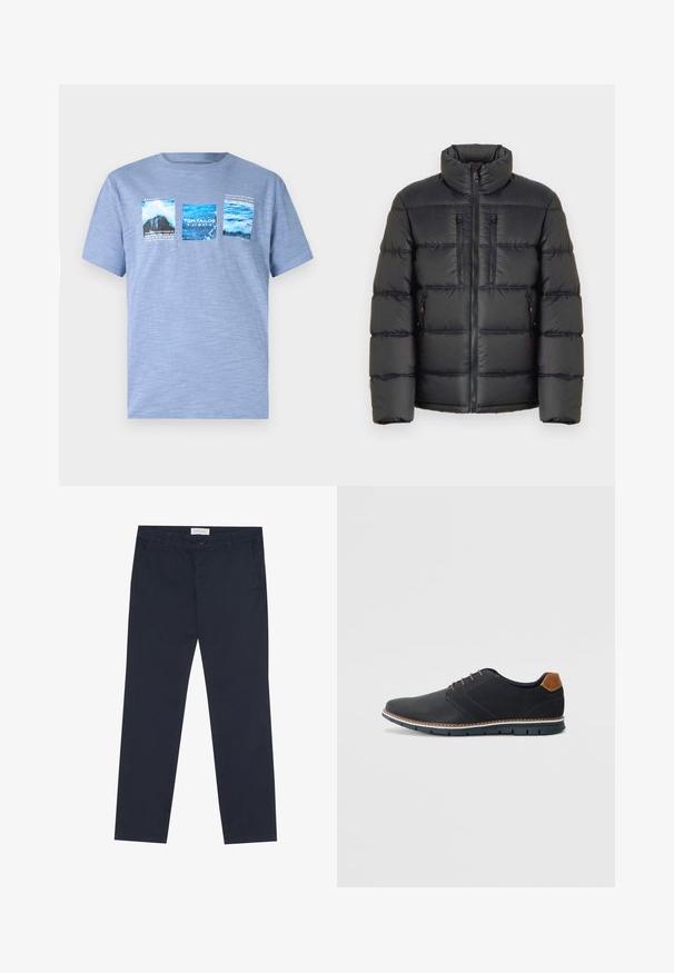 TOM TAILOR SPORTY PUFFER - Casaco de inverno - black; T-shirt de manga curta azul clara, feito de um tecido suave, apresentando três gráficas que retratam água e paisagens com detalhes textuais.; Chinos azul-marinho feitos de algodão com uma textura suave, apresentando um fecho de correr, passantes para cinto e bolsos laterais para funcionalidade.; Sapatos sintéticos pretos com um upper texturizado, pormenores lisos, salto castanho e uma sola contrastante. Apresentam um sistema de atacadores mínimo e detalhes de costura.