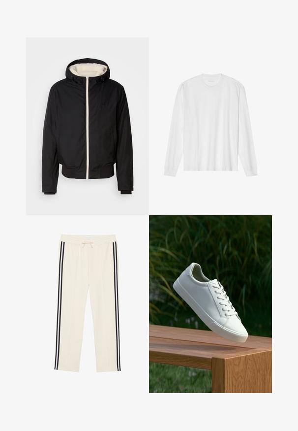 Black insulated jacket with a hood, white faux fur lining, and front zipper. Features ribbed cuffs and hem, with logo detail on the chest.; Long-sleeve white cotton t-shirt with a crew neck and ribbed cuffs. Simple, unembellished design, featuring smooth texture and standard fit.; Cream jogger pants with elastic waistband and adjustable drawstring. Features two black side stripes running down each leg. Soft fabric texture.; White lace-up sneaker hovering above wooden bench with green foliage in the background, showcasing shoe design and texture.