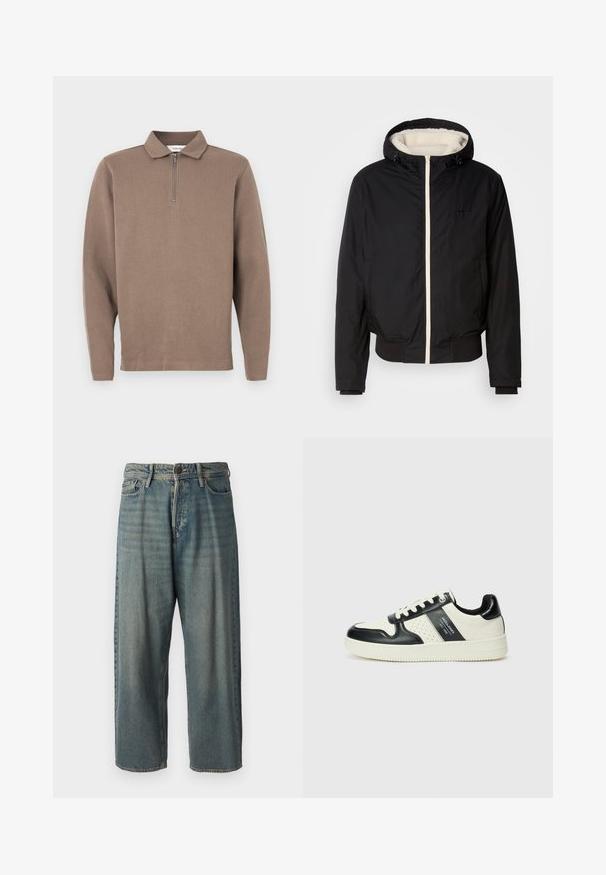 Crna izolirana jakna s kapuljačom, s bijelim umjetnim krznom unutar i prednjim zatvaračem. Ima rebraste manžete i rub, a na prsima se nalazi detalj s logotipom.; Smeđi polo majica dugih rukava s patentnim zatvaračem, rebrastom teksturom i ravnim rubom. Ima duge rukave i opušteni kroj.; Svijetloplave traperice s širokim krojem, srednjim pojasom i ravnim nogavicama. Ima pet džepova, petlje za remen i kopčanje na gumb.; Kožne tenisice s crno-bijelom paletom boja, koje imaju perforirane akcentne detalje, podstavljeni ovratnik i teksturiranu potplat.