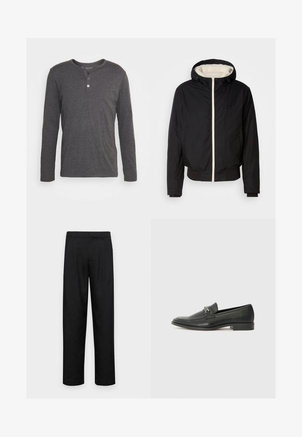Casaco preto isolado com capuz, forro em pelúcia branca e fecho frontal com zíper. Apresenta punhos e barra canelados, com detalhe de logótipo no peito.; Camisola henley de manga longa, em cinza escuro, feita de tecido macio, com decote arredondado, uma pala com três botões e corte regular.; Calças pretas feitas de tecido suave, com um design de perna reta, dois pregas frontais e uma cintura padrão com passantes para cinto.; Sapatilha de couro preta com um acabamento suave, apresentando um design cosido e um detalhe decorativo de corrente de metal atravessando o peito do pé. Salto baixo.